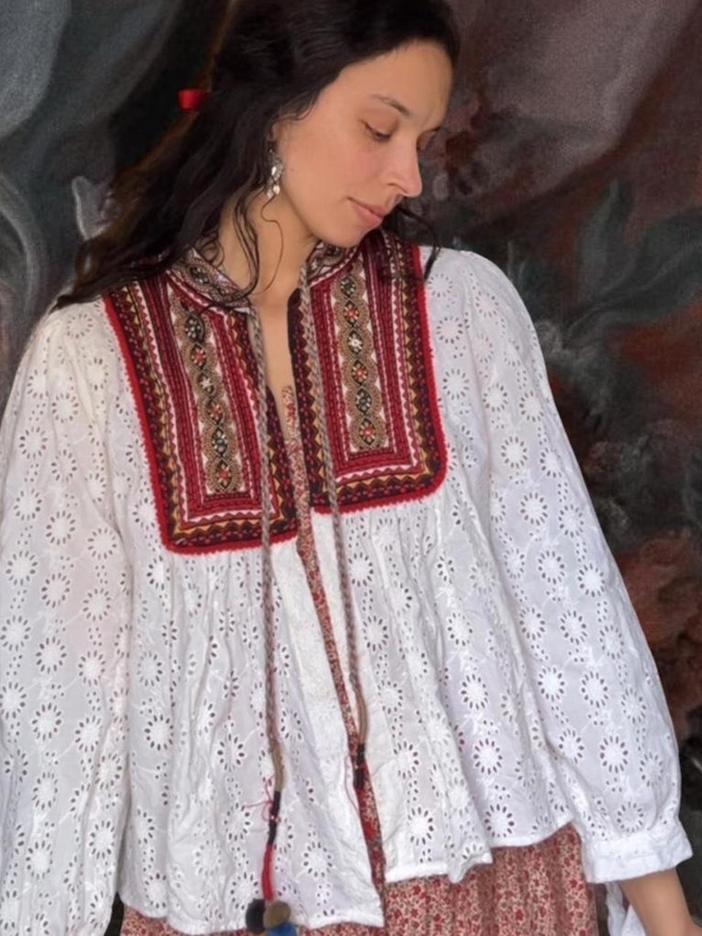 Zara White Eyelet Tunic with Red Multicolor Embroidered Yoke